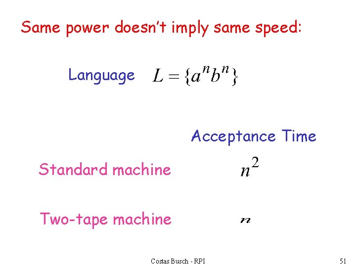 Same power doesn’t imply same speed: Language Acceptance Time Standard machine Two-tape machine Costas