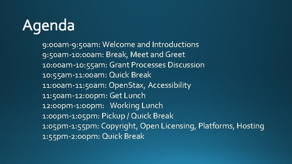 9: 00 am-9: 50 am: Welcome and Introductions 9: 50 am-10: 00 am: Break,