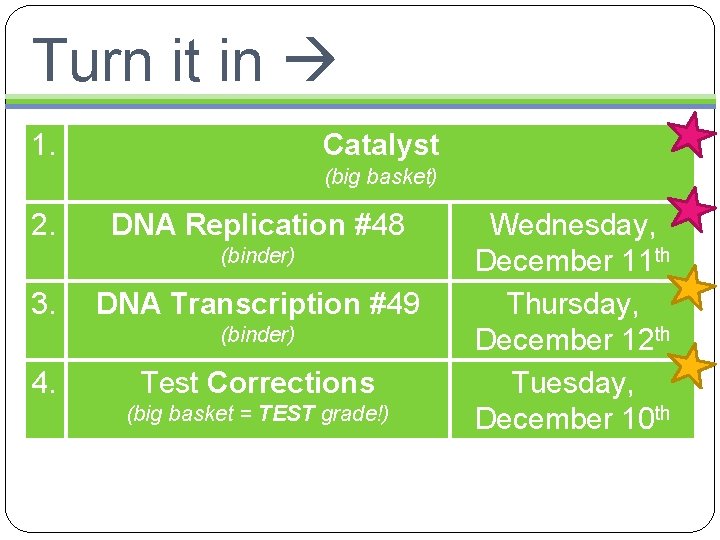 Turn it in 1. Catalyst (big basket) 2. DNA Replication #48 (binder) 3. DNA