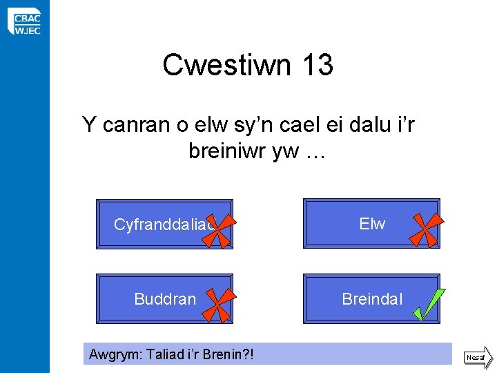 Cwestiwn 13 Y canran o elw sy’n cael ei dalu i’r breiniwr yw …