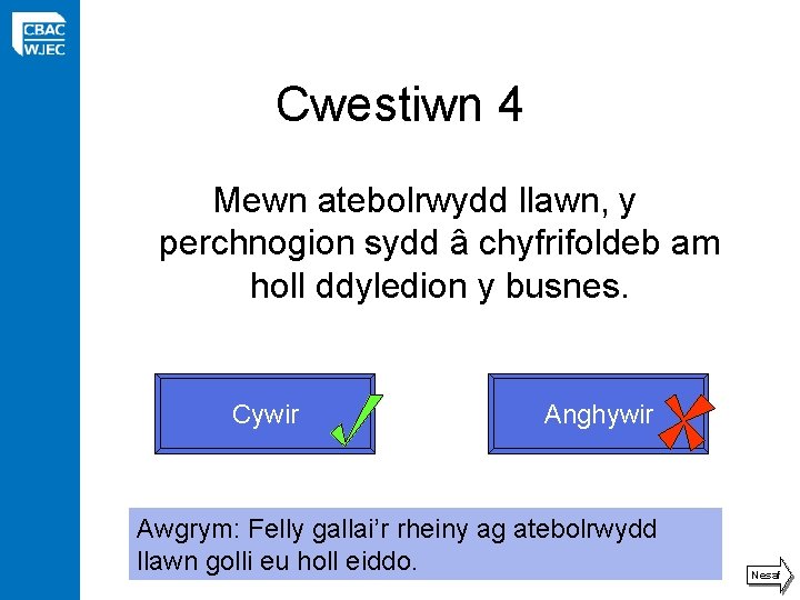 Cwestiwn 4 Mewn atebolrwydd llawn, y perchnogion sydd â chyfrifoldeb am holl ddyledion y