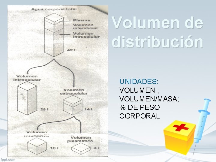 Volumen de distribución UNIDADES: VOLUMEN ; VOLUMEN/MASA; % DE PESO CORPORAL 