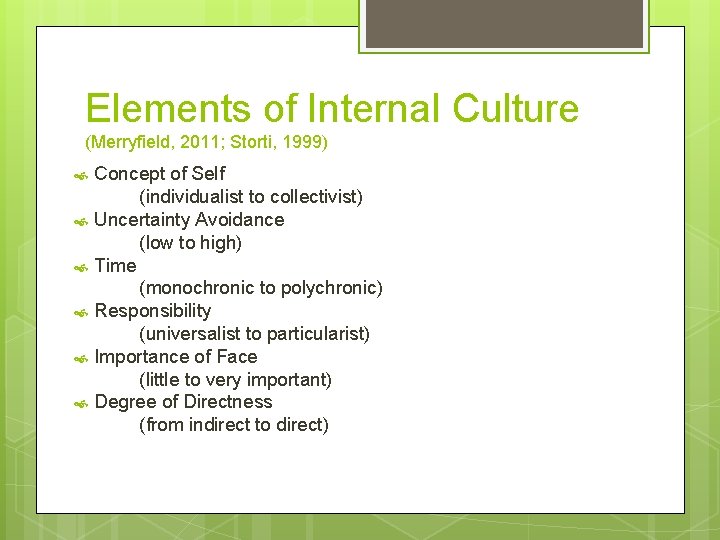 Elements of Internal Culture (Merryfield, 2011; Storti, 1999) Concept of Self (individualist to collectivist)