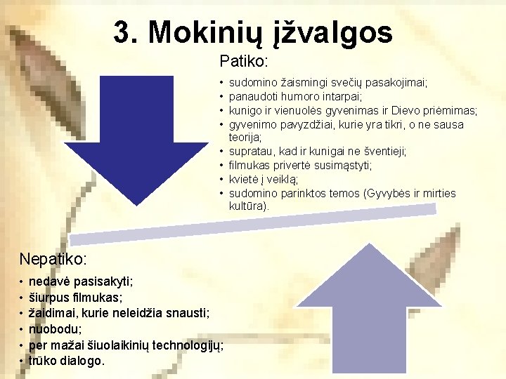 3. Mokinių įžvalgos Patiko: • • Nepatiko: • • • nedavė pasisakyti; šiurpus filmukas;