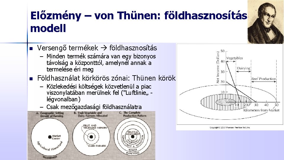 Előzmény – von Thünen: földhasznosítási modell n Versengő termékek földhasznosítás – Minden termék számára
