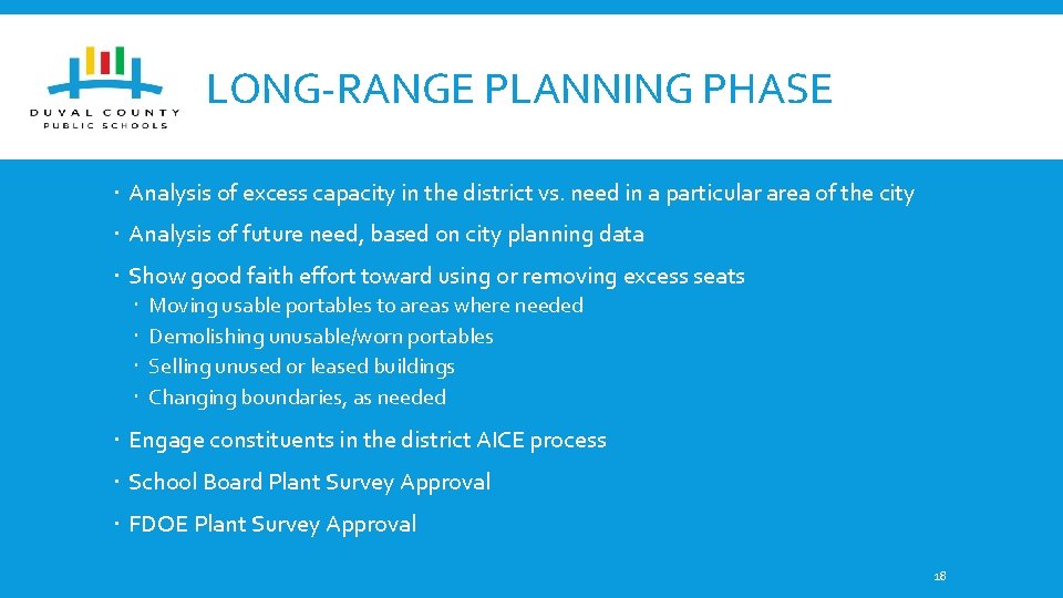 LONG-RANGE PLANNING PHASE Analysis of excess capacity in the district vs. need in a