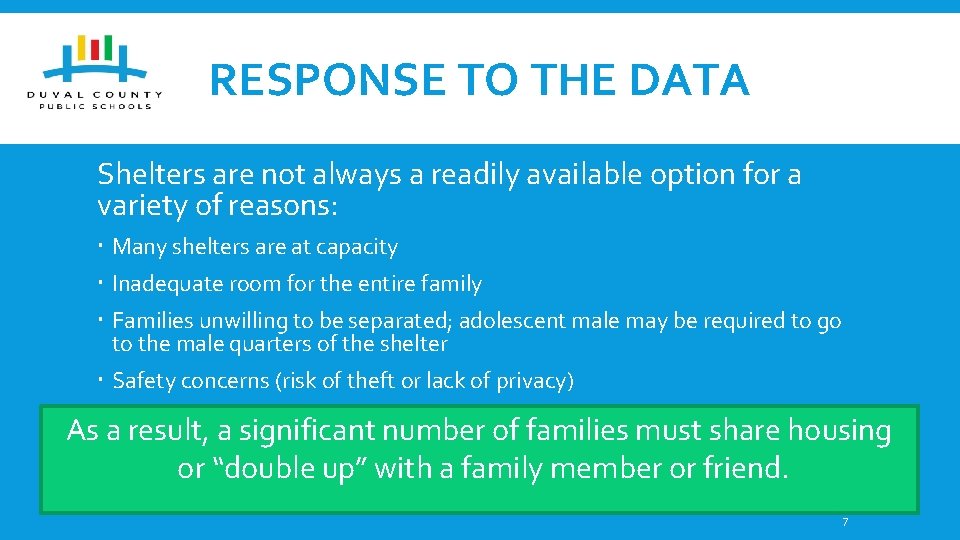 RESPONSE TO THE DATA Shelters are not always a readily available option for a