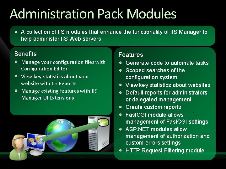 Administration Pack Modules A collection of IIS modules that enhance the functionality of IIS
