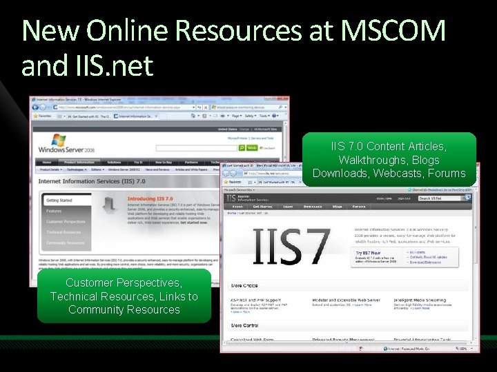 New Online Resources at MSCOM and IIS. net IIS 7. 0 Content Articles, Walkthroughs,