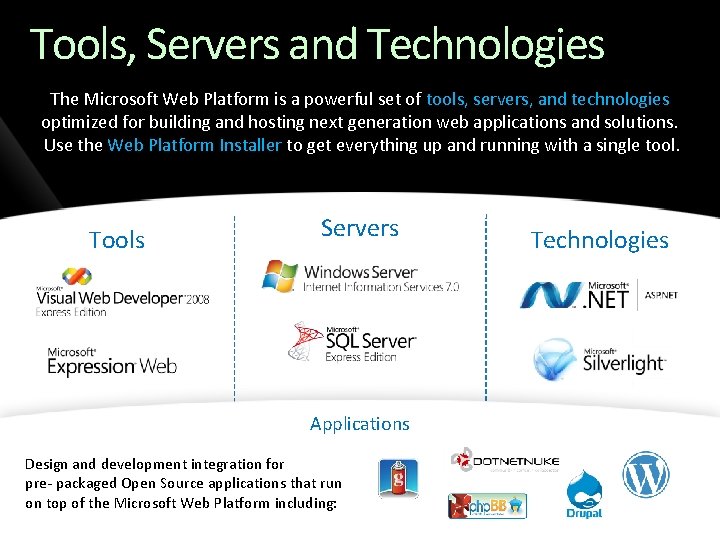 Tools, Servers and Technologies The Microsoft Web Platform is a powerful set of tools,