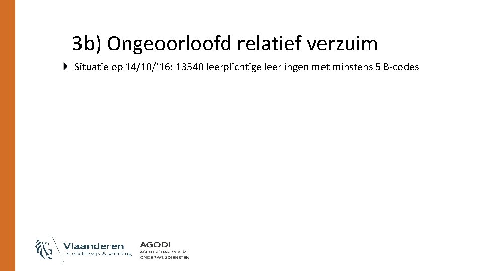 3 b) Ongeoorloofd relatief verzuim Situatie op 14/10/’ 16: 13540 leerplichtige leerlingen met minstens