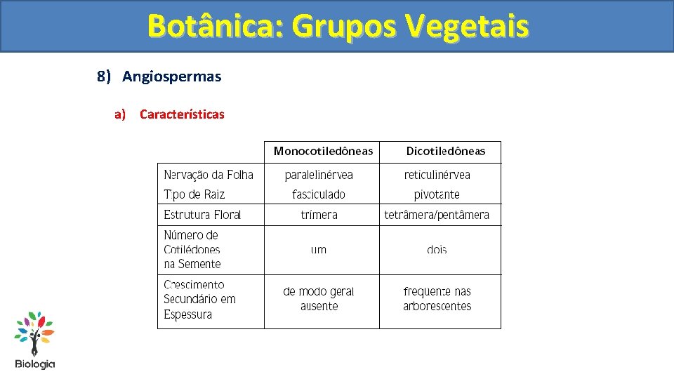 Botânica: Grupos Vegetais 8) Angiospermas a) Características 