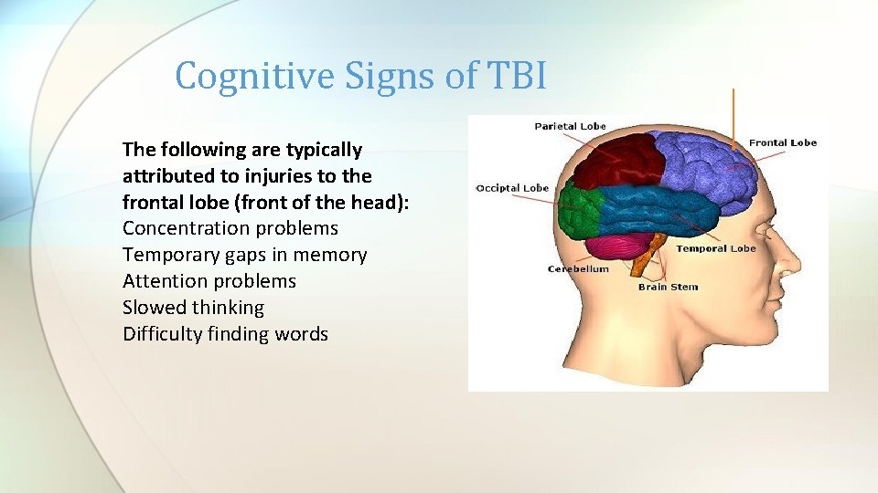 Cognitive Signs of TBI The following are typically attributed to injuries to the frontal