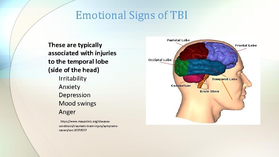 Emotional Signs of TBI These are typically associated with injuries to the temporal lobe