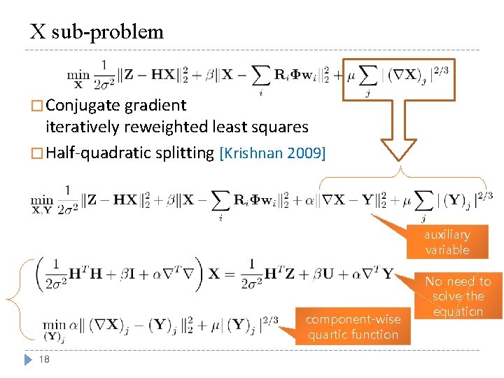 X sub-problem � Conjugate gradient iteratively reweighted least squares � Half-quadratic splitting [Krishnan 2009]