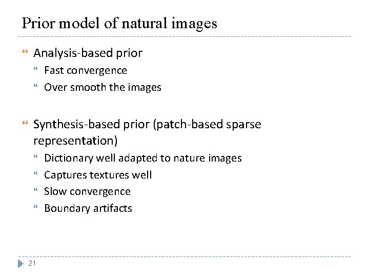 Prior model of natural images Analysis-based prior Fast convergence Over smooth the images Synthesis-based