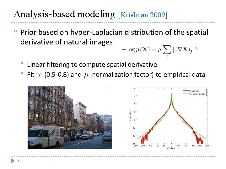 Analysis-based modeling [Krishnan 2009] Prior based on hyper-Laplacian distribution of the spatial derivative of