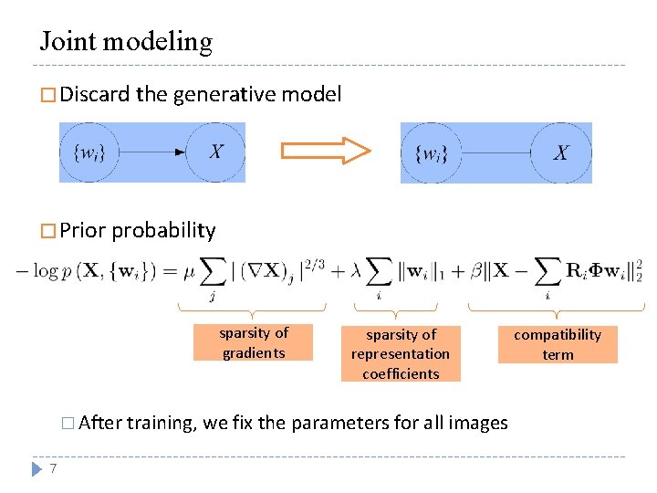 Joint modeling � Discard the generative model � Prior probability sparsity of gradients sparsity