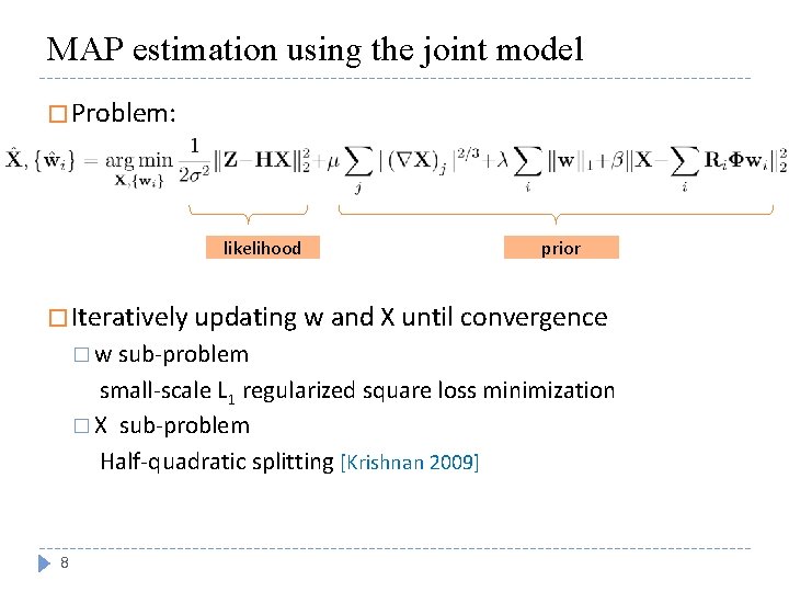 MAP estimation using the joint model � Problem: likelihood prior � Iteratively updating w