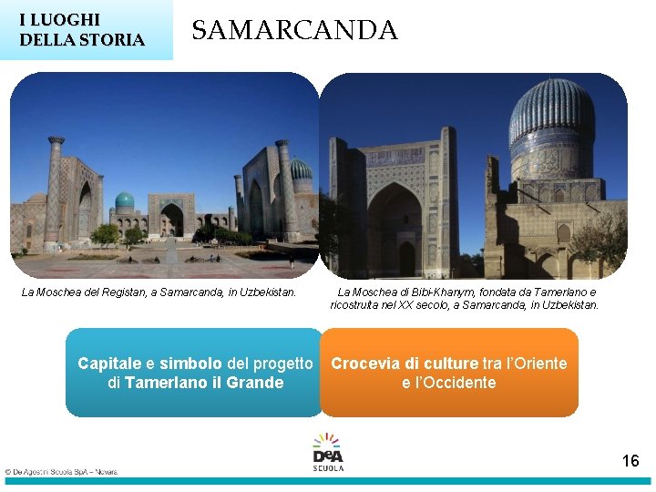 I LUOGHI DELLA STORIA SAMARCANDA La Moschea del Registan, a Samarcanda, in Uzbekistan. Capitale