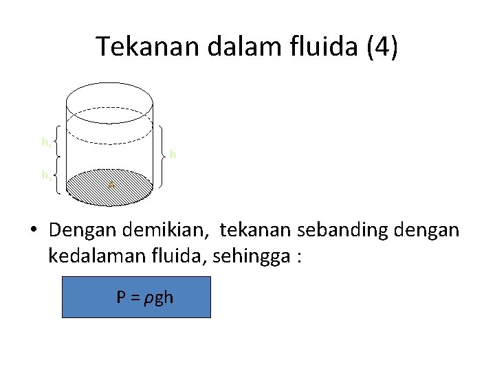 Tekanan dalam fluida (4) h 1 h 2 h A • Dengan demikian, tekanan