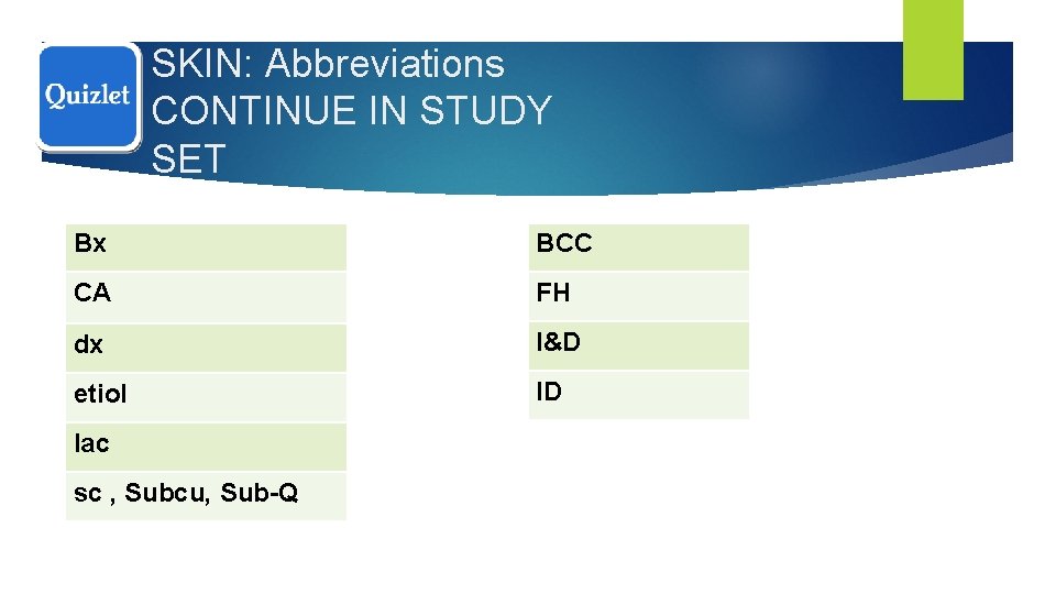 SKIN: Abbreviations CONTINUE IN STUDY SET Bx BCC CA FH dx I&D etiol ID