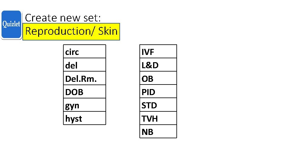 Create new set: Reproduction/ Skin circ del Del. Rm. DOB gyn hyst IVF L&D