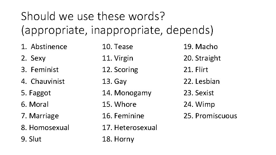 Should we use these words? (appropriate, inappropriate, depends) 1. Abstinence 2. Sexy 3. Feminist