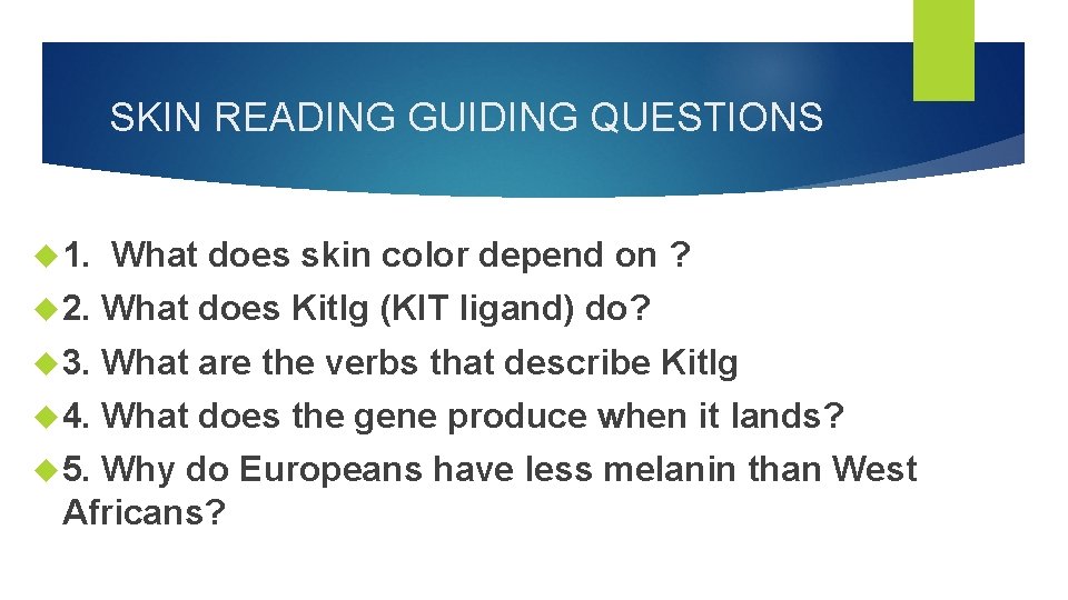 SKIN READING GUIDING QUESTIONS 1. What does skin color depend on ? 2. What