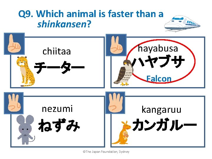 Q 9. Which animal is faster than a shinkansen? hayabusa chiitaa チーター nezumi ハヤブサ