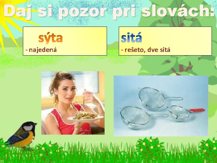 Daj si pozor pri slovách: - najedená - rešeto, dve sitá 