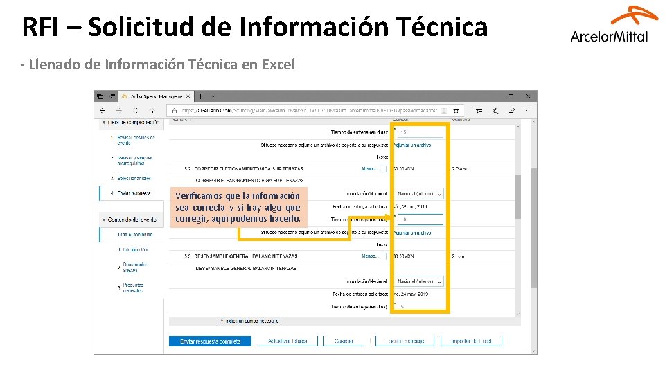 RFI – Solicitud de Información Técnica - Llenado de Información Técnica en Excel Verificamos