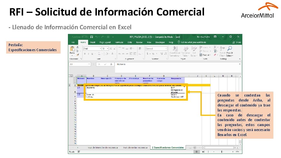 RFI – Solicitud de Información Comercial - Llenado de Información Comercial en Excel Pestaña: