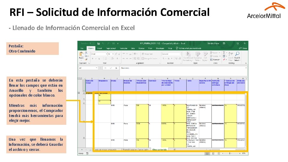 RFI – Solicitud de Información Comercial - Llenado de Información Comercial en Excel Pestaña: