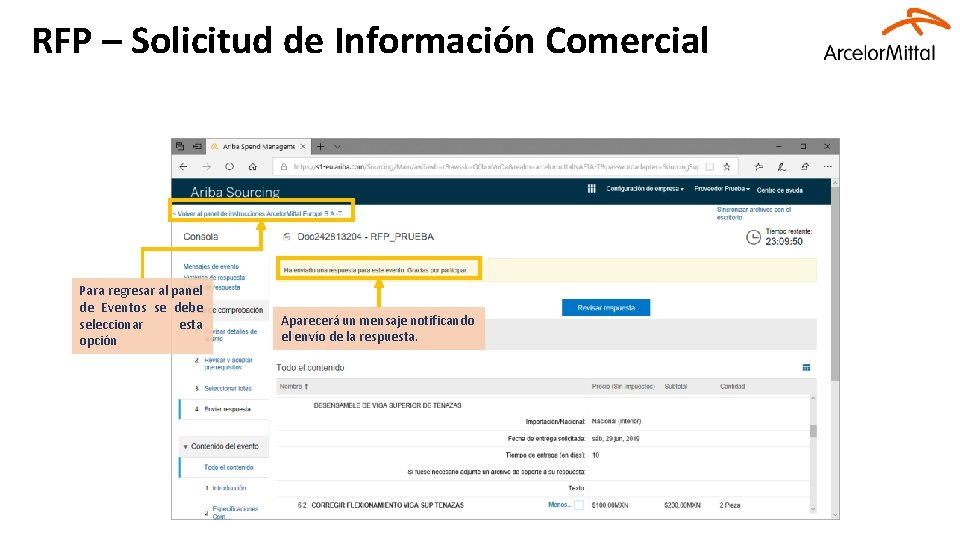 RFP – Solicitud de Información Comercial Para regresar al panel de Eventos se debe