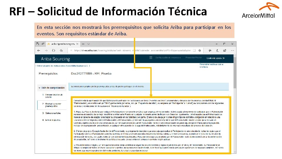 RFI – Solicitud de Información Técnica En esta sección nos mostrará los prerrequisitos que