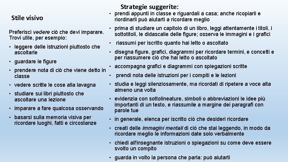 Strategie suggerite: Stile visivo Preferisci vedere ciò che devi imparare. Trovi utile, per esempio: