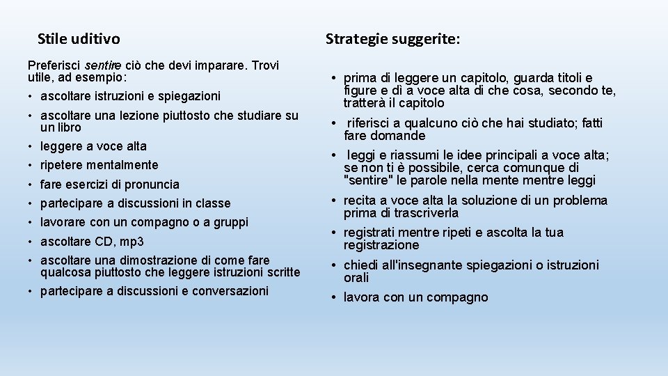 Stile uditivo Preferisci sentire ciò che devi imparare. Trovi utile, ad esempio: • ascoltare