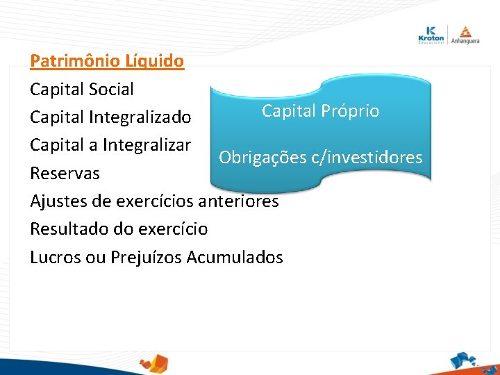 Patrimônio Líquido Capital Social Capital Próprio Capital Integralizado Capital a Integralizar Obrigações c/investidores Reservas