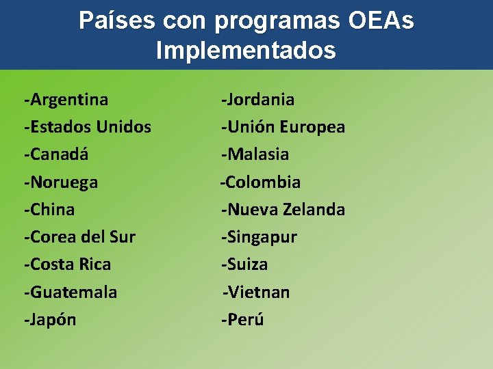 Países con programas OEAs Implementados -Argentina -Estados Unidos -Canadá -Noruega -China -Corea del Sur
