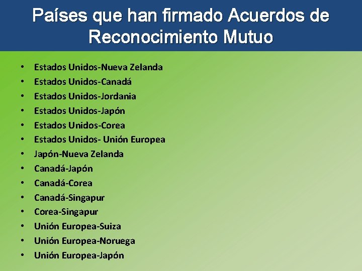 Países que han firmado Acuerdos de Reconocimiento Mutuo • • • • Estados Unidos-Nueva