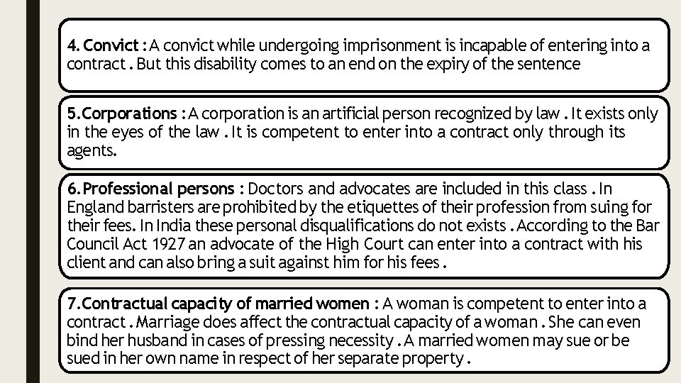 4. Convict : A convict while undergoing imprisonment is incapable of entering into a