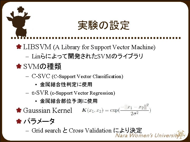 実験の設定 LIBSVM (A Library for Support Vector Machine) – Linらによって開発されたSVMのライブラリ SVMの種類 – C-SVC (C-Support