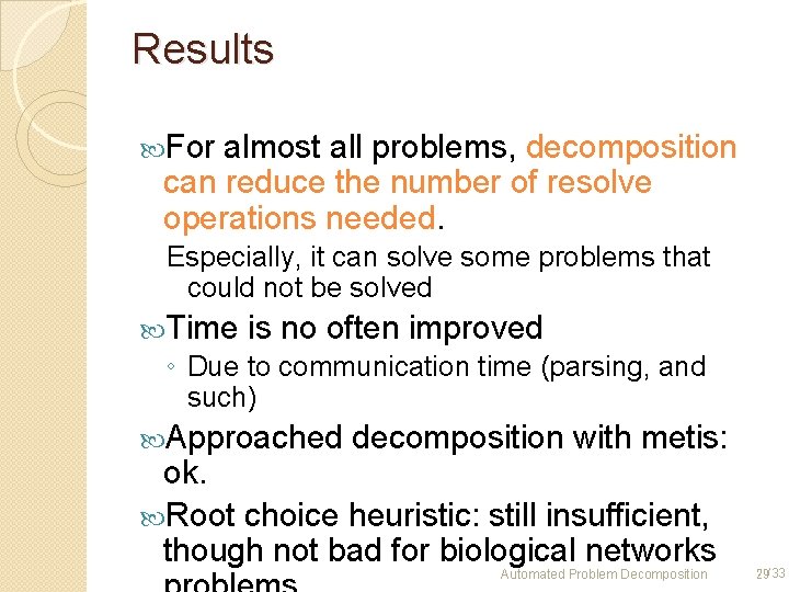 Results For almost all problems, decomposition can reduce the number of resolve operations needed.