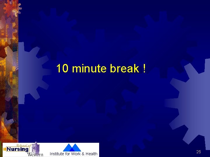 10 minute break ! School of Nursing Institute for Work & Health 25 