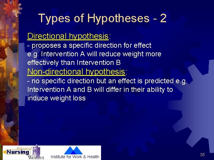 Types of Hypotheses - 2 Directional hypothesis: - proposes a specific direction for effect