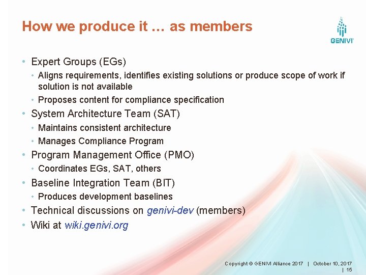 How we produce it … as members • Expert Groups (EGs) • Aligns requirements,