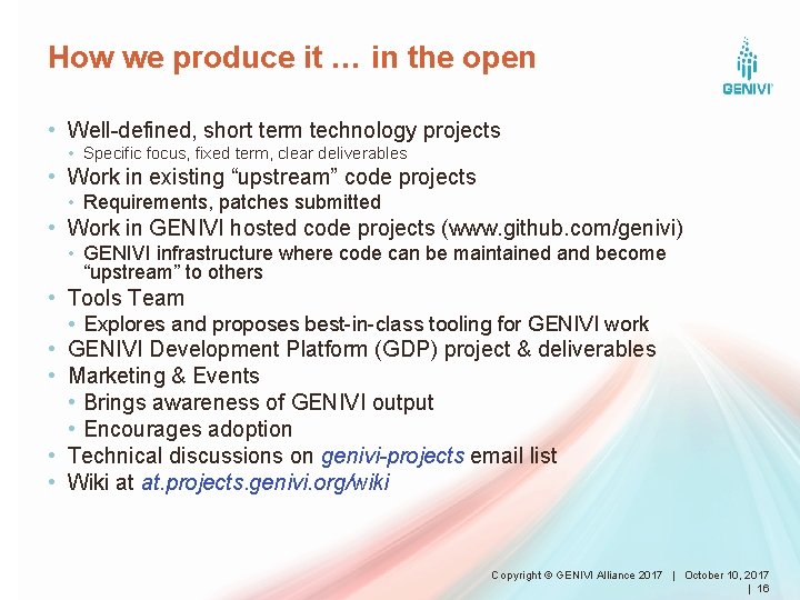 How we produce it … in the open • Well-defined, short term technology projects