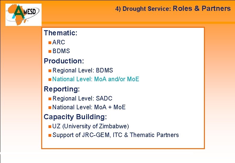4) Drought Service: Roles Thematic: ARC BDMS Production: Regional Level: BDMS National Level: Mo.