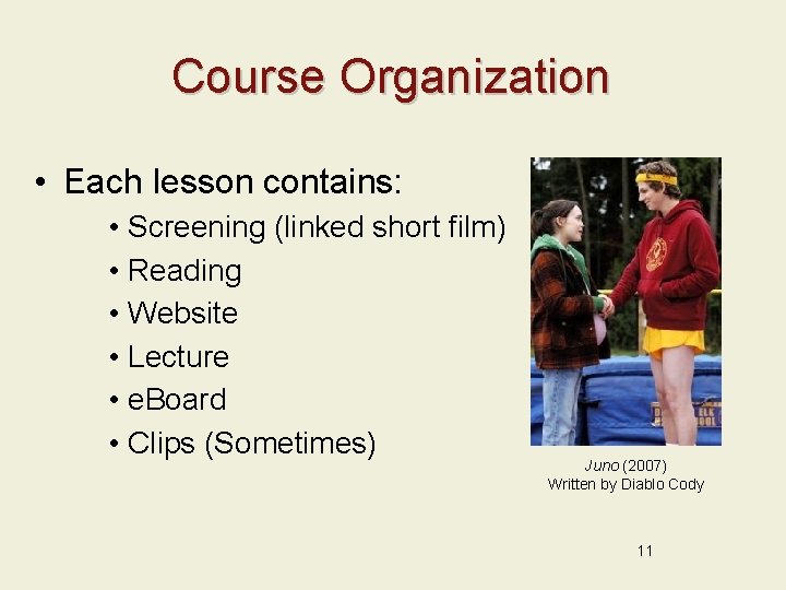Course Organization • Each lesson contains: • Screening (linked short film) • Reading •